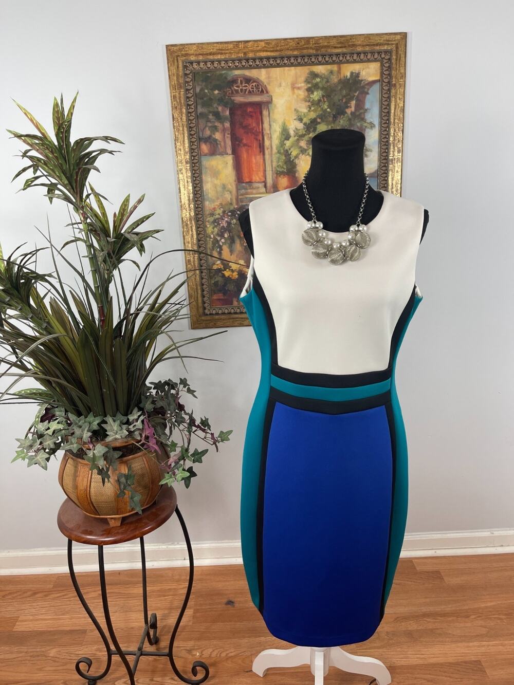 Calvin Klein Sheath Dress Womens 12 Colorblock Sleeveless Back Zip Mod Aesthetic